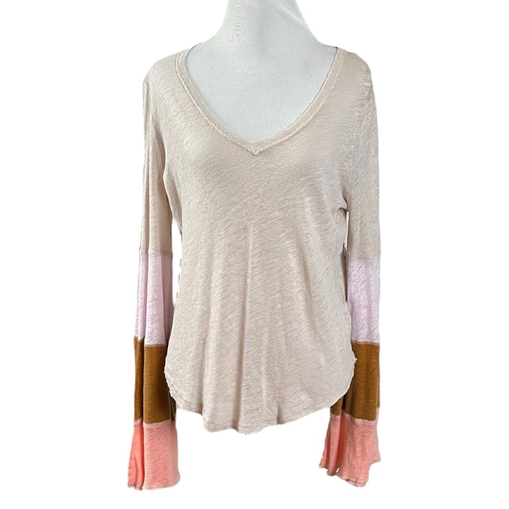 Free People Retro 70s Bohemian Bell Sleeve Neutral V Neck Top Small Linen NWT - Picture 5 of 15